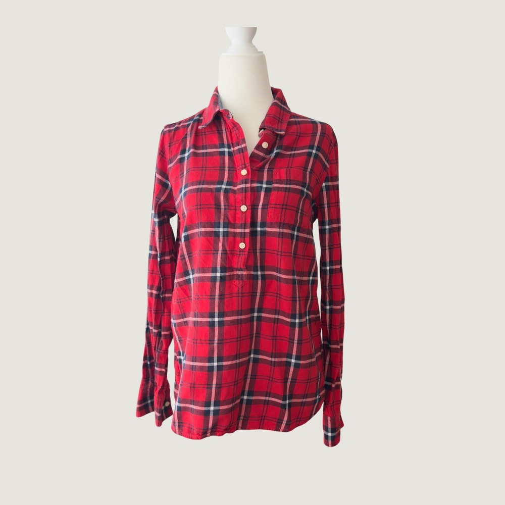 Tommy Hilfiger Red Plaid Flannel Popover‎ Shirt 100% Cotton Long Sleeve